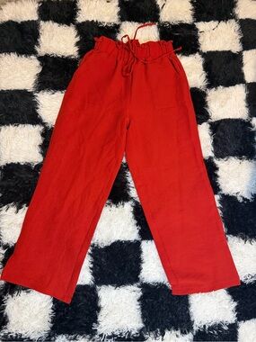 Bright Red Paperbag Waist Pants
